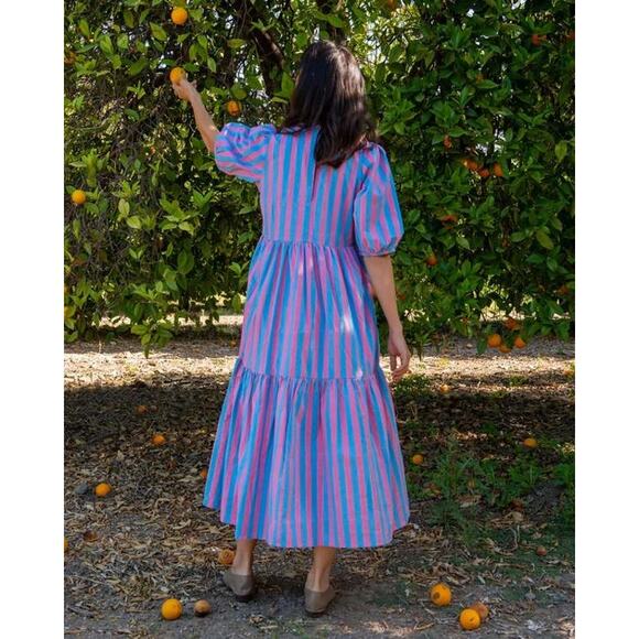 SZ Blockprints Gaia Pink Blue Striped Puff Sleeve Tiered Maxi Dress Size Small - Picture 11 of 11